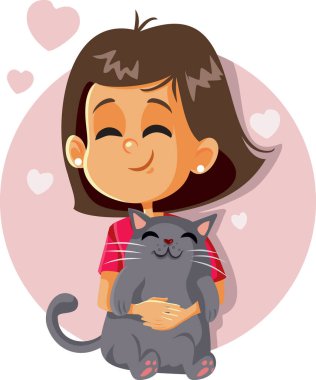 Kedi Vektörü Karikatürü Tutan Mutlu Kız