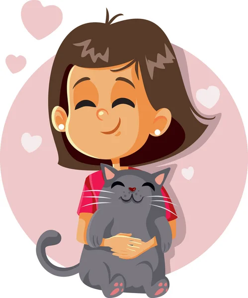 Happy Girl Holding Cat Vector Cartoon - Stok Vektor