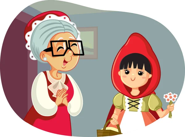 Little Red Riding Hood Mengunjungi Nenek Nya Vector Illustration - Stok Vektor