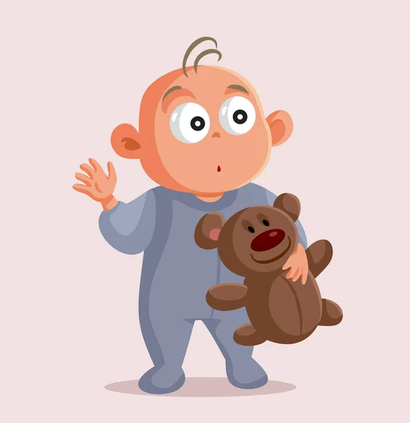 Baby Holding Teddy Bear Vector Cartoon Character - Stok Vektor