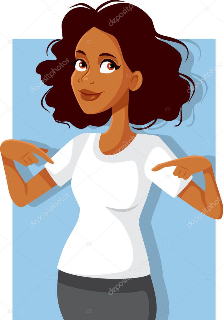 Smiling African Woman Pointing to Blank White Shirt