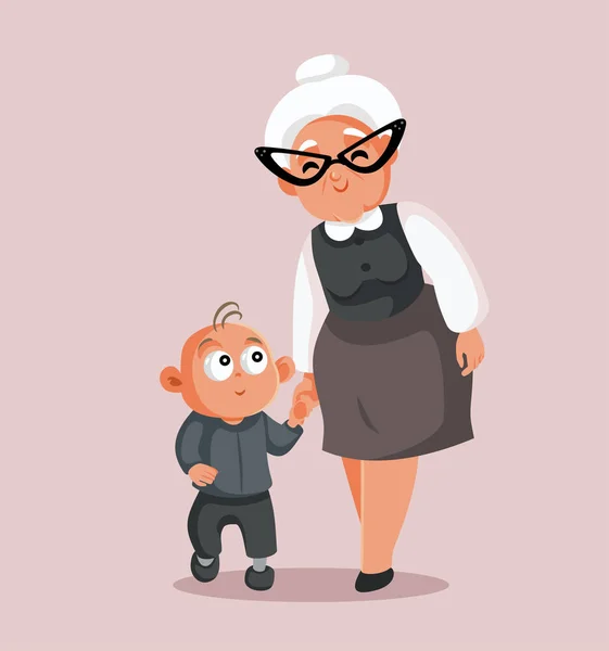 Grandmother Walking Grandson Vector Cartoon Illustration - Stok Vektor