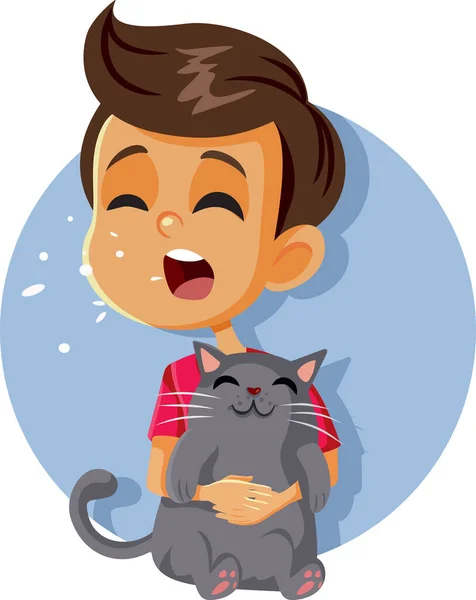 Niezen Jongen Met Kat Allergie Holding Kitten — Stockvector