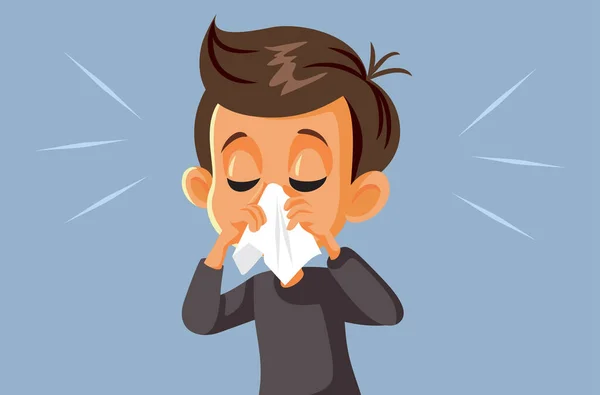 Kranker Junge Pustet Sich Die Grippe Die Nase — Stockvektor