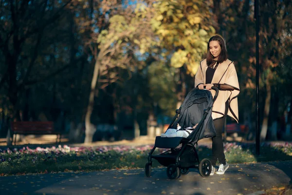 Elegant Mother Walking Her Newborn Baby Stroller — Stock Photo, Image