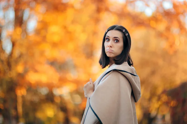 Funny Unhappy Bored Woman Standing Outdoors Autumn Season — Stok Foto