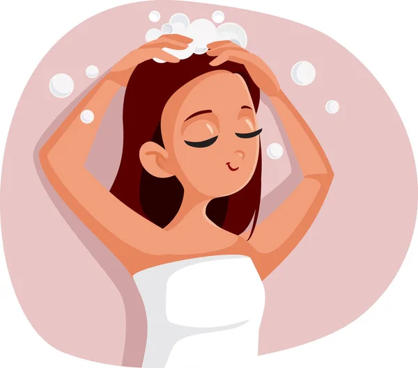 Happy Relaxed Girl Washing Her Hair Vector Cartoon — 스톡 벡터