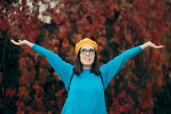 Happy Woman Eyeglasses Pumpkin Beret Enjoying Autumn — Stok Foto