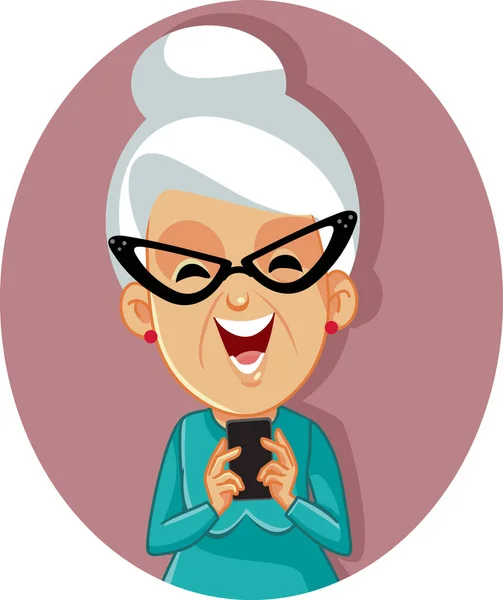 Happy Senior Old Woman Memegang Smartphone - Stok Vektor