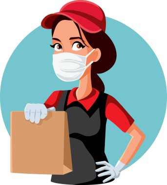 Female Fast Food Worker Wearing Protective Mask and Gloves clipart