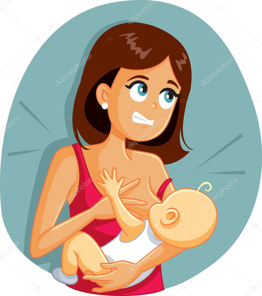 Baby Biting Mom While Breastfeeding Funny Cartoon Illustration