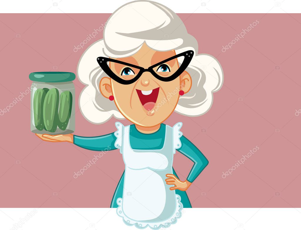 Happy Grandmother Holding a Jar of Pickles