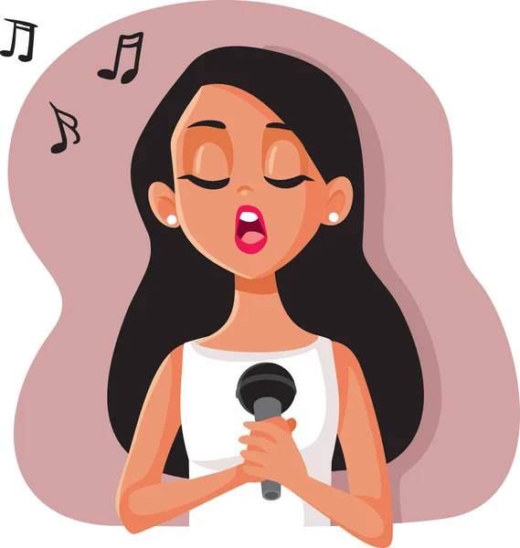 Perempuan Menyanyi Pada Karakter Vektor Mikrofon - Stok Vektor