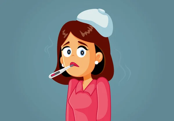 Ağzında Termometresi Olan Hasta Kadın — Stok Vektör