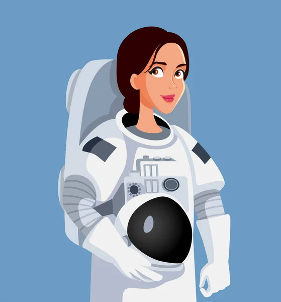 Vrouw Astronaut Dragen Ruimte Pak Het Houden Van Zijn Helm — Stockvector