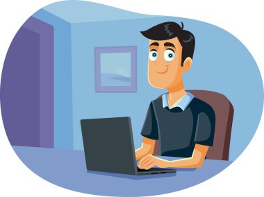 Evden Çalışan Adam Dizüstü bilgisayarın önünde oturuyor
