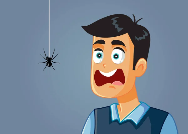 Hombre Asustado Tiene Miedo Una Caricatura Vectores Araña — Archivo Imágenes Vectoriales