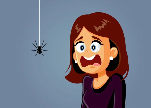 Scared Woman Being Afraid Spider Vector Cartoon — Stock Vector