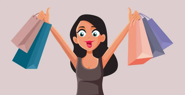 Mujer Feliz Sosteniendo Bolsas Compras Vector Dibujos Animados — Vector de stock