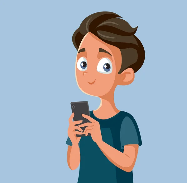 Niño Adolescente Sosteniendo Smartphone Vector Dibujos Animados — Vector de stock