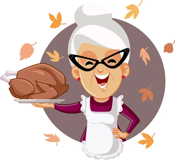 Gelukkig Senior Vrouw Holding Zelfgemaakte Thanksgiving Geroosterde Turkije — Stockvector