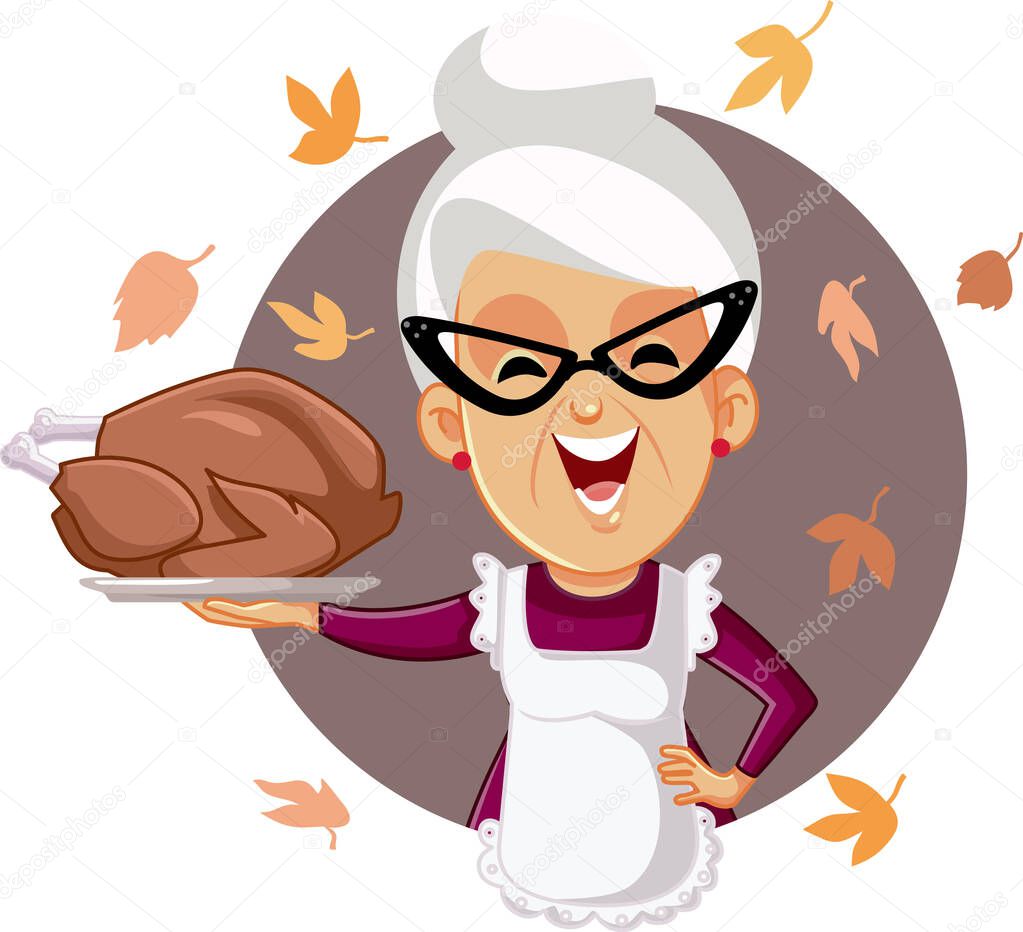 Happy Senior Woman Holding Homemade Thanksgiving Roasted Turkey