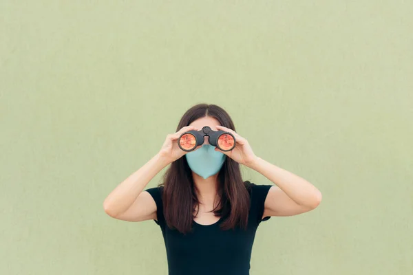 Hopeful Woman Wearing Face Mask Looking Binoculars — Stok Foto