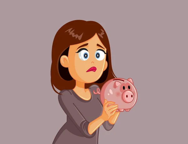 Unhappy Broke Woman Holding Piggy Bank — Stock Vector