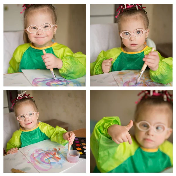 Ett Collage Bilder Flickan Med Downs Syndrom Som Drar Färger — Stockfoto