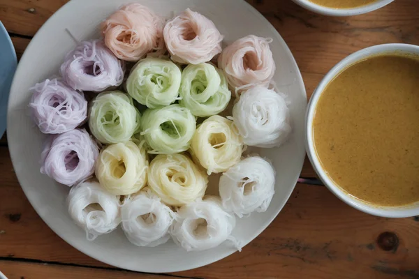 Colorful Thai Vermicelli Natural Herbal Color Rice Noodle Curry Soup — Stock Photo, Image