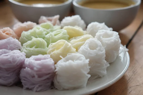 Colorful Thai Vermicelli Natural Herbal Color Rice Noodle Curry Soup — Stock Photo, Image