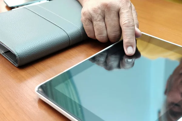 Man Working Digital Tablet Office Hand Pointing Touchpad Workplace — Stock Photo, Image