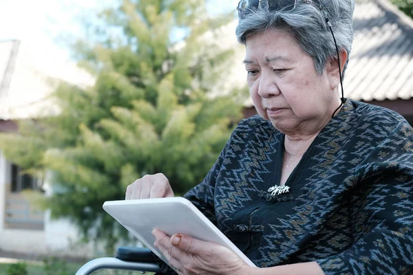 elder senior woman in wheelchair holding tablet. elderly female texting message, using app with touchpad in garden