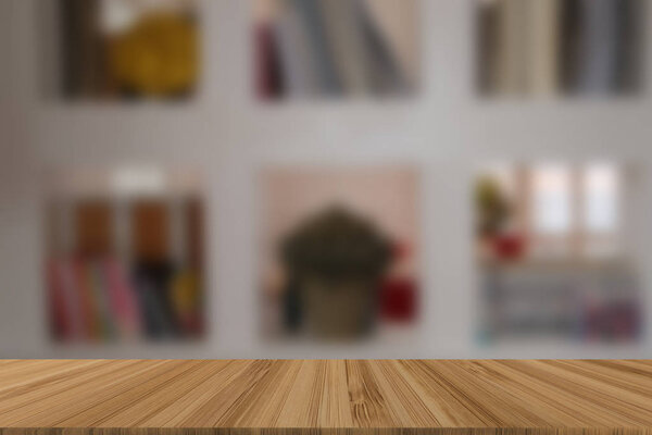 Book on shelf. bookshelf at home blur background with wood table for display montage product