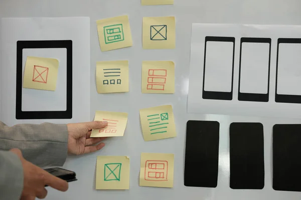 user experience, UX designer designing web on smart phone layout. UI planning mobile application. developer work with business prototype