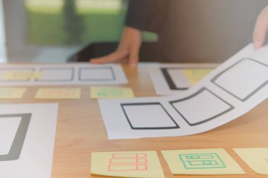 Kullanıcı deneyim, Ux tasarımcı tasarım web üzerinde akıllı telefon tablet düzeni. Mobil uygulama planlaması UI. geliştirici iş prototip ile çalışmak