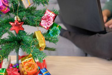 dostum kanepe üzerinde oturan evde bilgisayar xmas sırasında kullanma. Noel tatil yeni yıl kutlama Sezon selamlar.