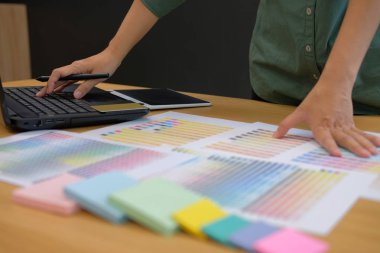 bilgisayar ile grafik iç tasarımcı çalışma ve renk renk örneği örnek Katalog paleti Kılavuzu işyerinde seçimi.