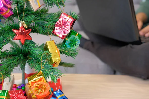 dostum kanepe üzerinde oturan evde bilgisayar xmas sırasında kullanma. Noel tatil yeni yıl kutlama Sezon selamlar.