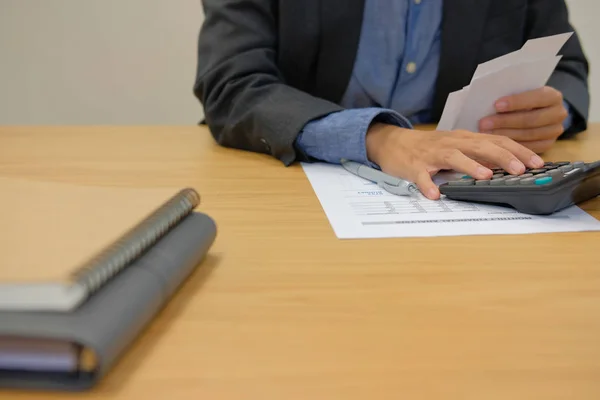 Man Calculate Domestic Bills Businessman Using Calculator Checking Balance Costs — Stock Photo, Image