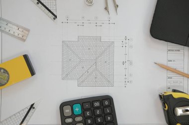 gayrimenkul projesi mimar mühendis işyerinde ev planı. Mimari plan. İnşaat aracı en iyi görünümü oluşturma