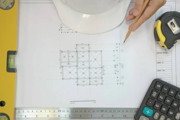 Progetto Immobiliare Sul Posto Lavoro Architetto Ingegnere Piano Architettonico Costruzione — Foto Stock