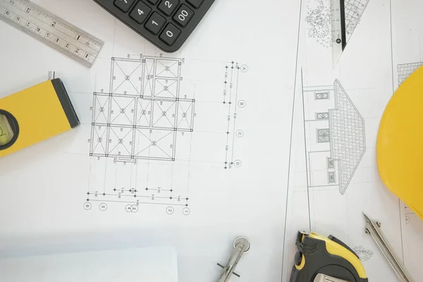 house blueprint of real estate project at architect engineer  workplace. architectural plan. building construction tool top view