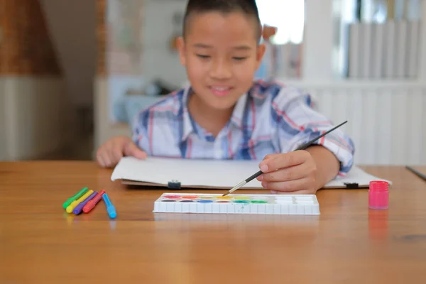 Kleine Asiatische Junge Kind Schuljunge Mit Pinsel Zeichnung Malerei Aquarell — Stockfoto