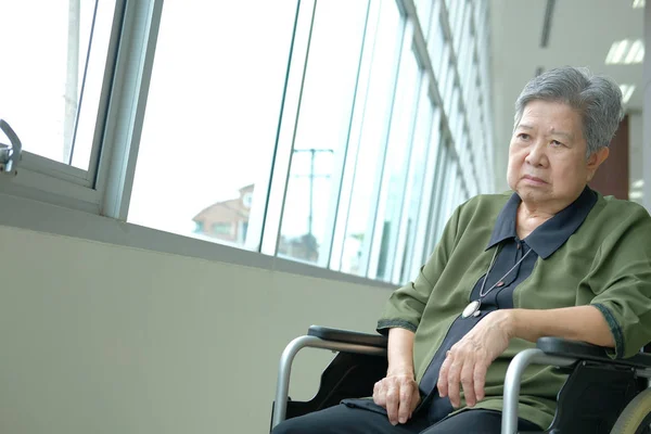 Bored Depressed Asian Elder Woman Wheelchair Resting Window Elderly Female — Stock Photo, Image