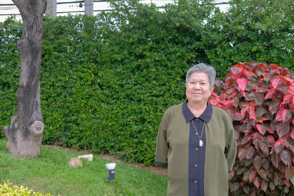 Mujer Mayor Asiática Descansando Jardín Anciana Relajándose Parque Estilo Vida — Foto de Stock