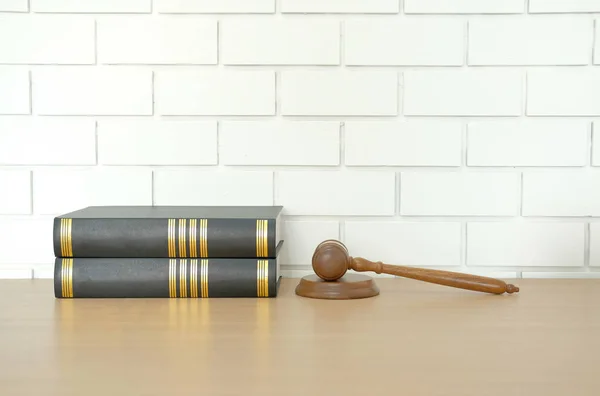 Legal Law Book Judge Gavel White Brick Wall Lawyer Attorney — Stock Photo, Image
