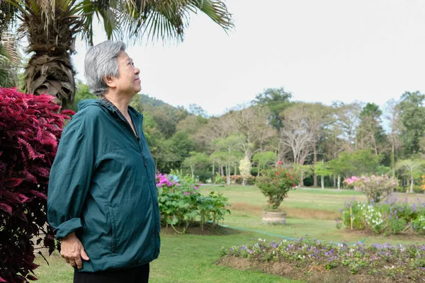 Una Anciana Descansando Parque Asiático Anciano Mujer Relajante Aire Libre — Foto de Stock