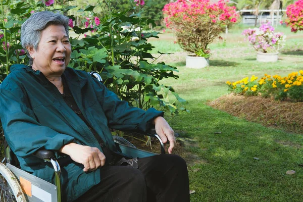 Mujer Mayor Asiática Silla Ruedas Descansando Jardín Anciana Relajándose Parque — Foto de Stock