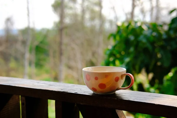 Kaffeetasse auf Holztisch mit Gartenblick — Stockfoto